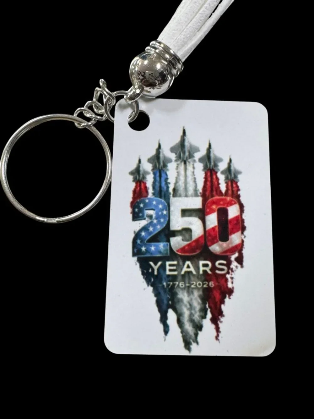 USA 250 Years Anniversary Keychain, Metal, White Tassel, Patriotic 1776-2026 Com